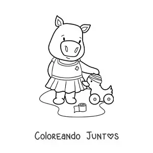 Imagen para colorear de niña cerdita kawaii animada jugando a la enfermera