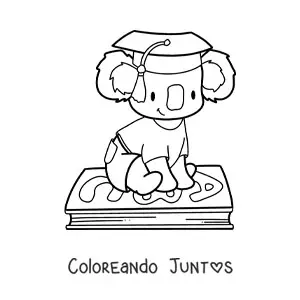 Imagen para colorear de koala kawaii animado con birrete sentado en un libro