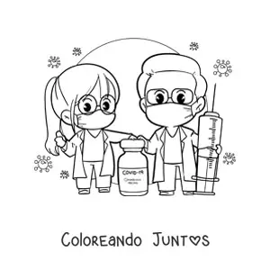 Imagen para colorear de médicos kawaii con vacuna contra el coronavirus