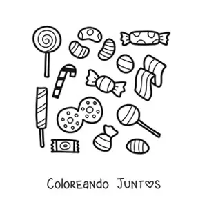 Imagen para colorear de varias paletas y caramelos envueltos