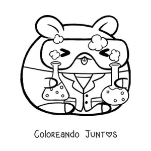 Imagen para colorear de hámster científico kawaii animado con químicos y lentes de seguridad