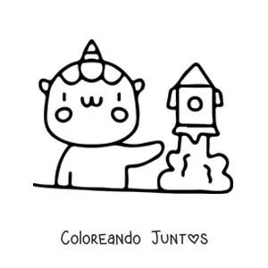 Imagen para colorear de unicornio kawaii estudiando un cohete