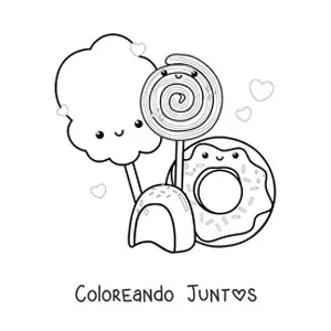 Imagen para colorear de una paleta kawaii con dulces a los lados