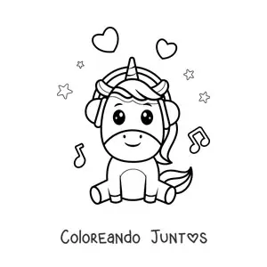 Imagen para colorear de unicornio kawaii sentado escuchando música con audífonos