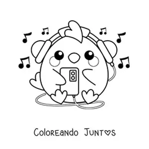 Imagen para colorear de pollito kawaii escuchando música del teléfono