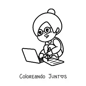 Imagen para colorear de chica kawaii haciendo tarea en su laptop