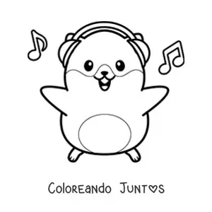 Imagen para colorear de hámster kawaii grande escuchando música con audífonos