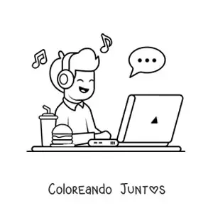 Imagen para colorear de chico kawaii escuchando música de una laptop
