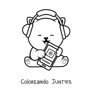 Imagen para colorear de gato kawaii escuchando música del teléfono inteligente