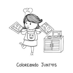 Imagen para colorear de una niña horneando galletas con dos bandejas en las manos