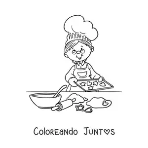 Imagen para colorear de una abuela haciendo galletas con los materiales en la mesa