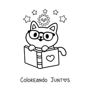 Imagen para colorear de gato kawaii con libro abierto