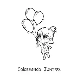 Imagen para colorear de niña kawaii volando con globos