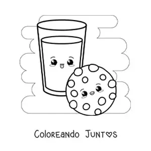 Imagen para colorear de una galleta kawaii con chispas de chocolate y un vaso de leche