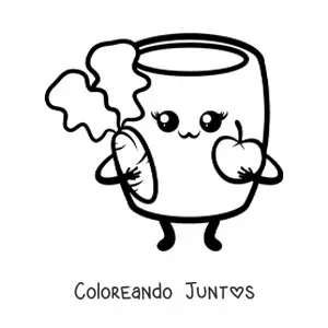 Imagen para colorear de vaso lleno kawaii con manzana y zanahoria