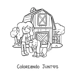 Imagen para colorear de granjera con perro animado en la granja kawaii