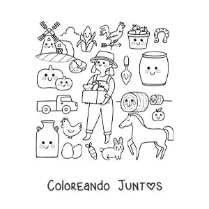 Imagen para colorear de granjera y cosas kawaii animadas