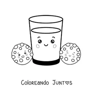 Imagen para colorear de  un vaso de leche kawaiis y dos galletas a los lados
