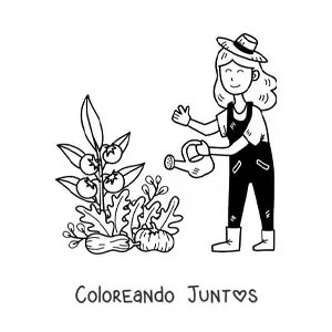 Granjera kawaii regando planta de tomate