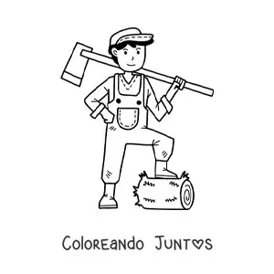 Imagen para colorear de granjero kawaii talando leña