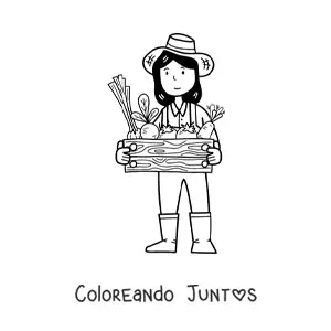 Imagen para colorear de granjera kawaii con vegetales cosechados en una caja