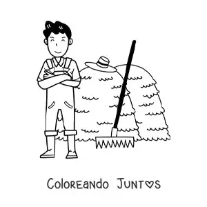 Imagen para colorear de granjero kawaii con rastrillo junto a una pila de heno