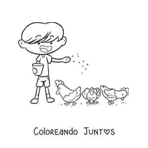 Imagen para colorear de niño granjero kawaii alimentando a los pollitos