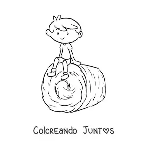 Imagen para colorear de niño granjero kawaii sentado en una pila de heno