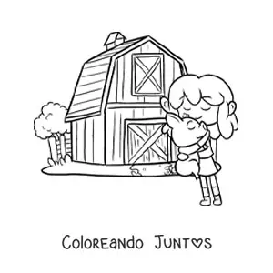 Imagen para colorear de niña granjera con conejo en la granja kawaii