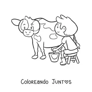 Imagen para colorear de niño granjero kawaii ordeñando a una vaca