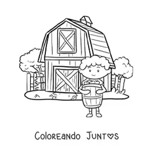 Imagen para colorear de niño granjero kawaii con un barril en la granja