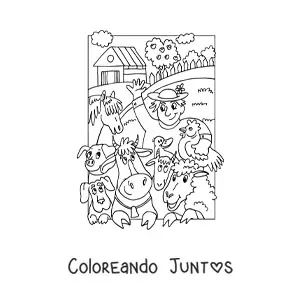 Imagen para colorear de granjero y animales animados
