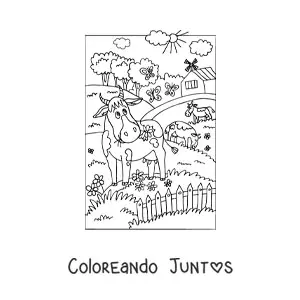Imagen para colorear de vacas animadas pastando en la granja
