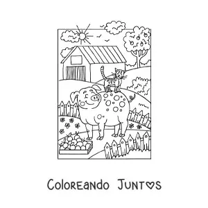 Imagen para colorear de cerdo animado y gato en la granja