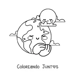 Imagen para colorear de planeta Tierra kawaii animado con la Luna