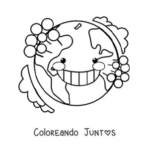 Imagen para colorear de planeta Tierra kawaii animado con árboles y la atmósfera