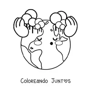 Imagen para colorear de árboles del planeta Tierra kawaii generando oxígeno