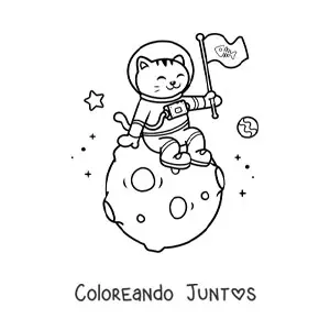 Imagen para colorear de gato astronauta animado kawaii en la Luna