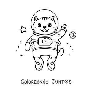Imagen para colorear de gato astronauta animado kawaii en el espacio