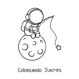 Imagen para colorear de astronauta kawaii sentado en la Luna pescando estrellas