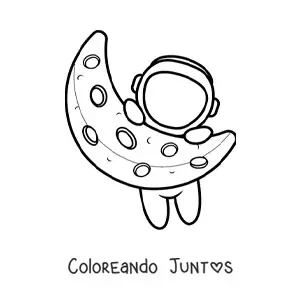 Imagen para colorear de astronauta kawaii colgando de la Luna