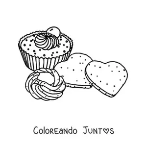 Imagen para colorear de dos galletas con forma de corazón y un cupcake