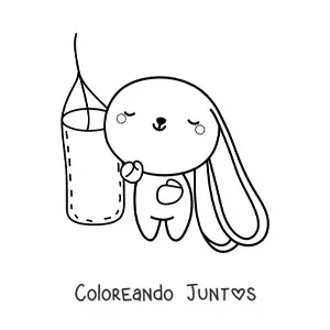 Imagen para colorear de conejo kawaii animado golpeando un saco de boxeo
