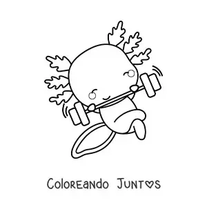 Imagen para colorear de ajolote kawaii animado ejercitando con una pesa