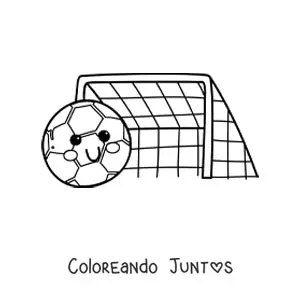 Imagen para colorear de balón de fútbol kawaii y portería