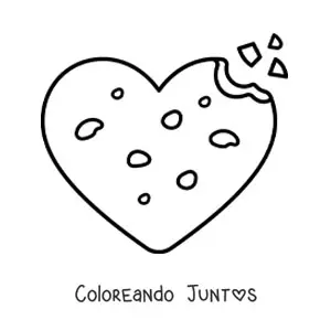 Imagen para colorear de una galleta de chispas de chocolate con forma de corazón mordida