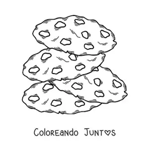 Imagen para colorear de cuatro galletas con chispas de chocolate, una encima de otra