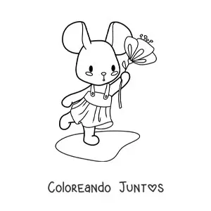 Imagen para colorear de ratoncita kawaii animada con vestido y una flor