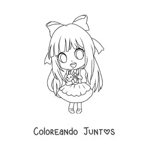 Imagen para colorear de chica kawaii chibi con hermoso vestido y un conejo