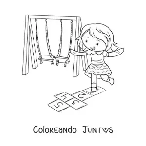 Imagen para colorear de niña kawaii jugando al avioncito en el parque